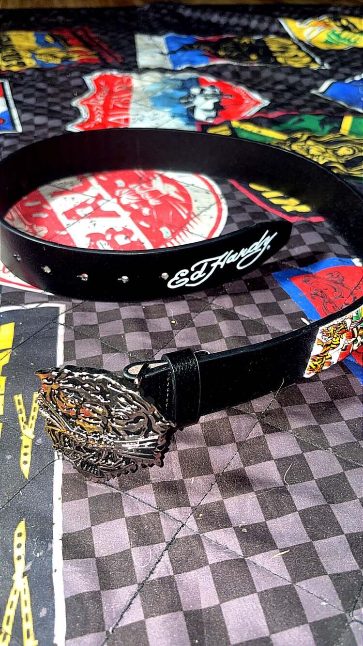 Ed Hardy Men's Tattoo Print Belt with Skull and Tiger Motif and Studded Accents